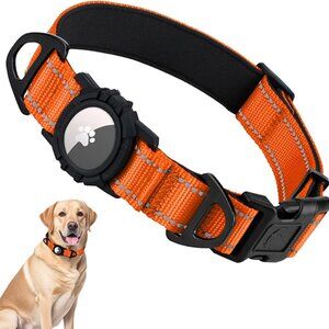 AirTag Dog Collar, Reflective, Padded, Orange, Size L